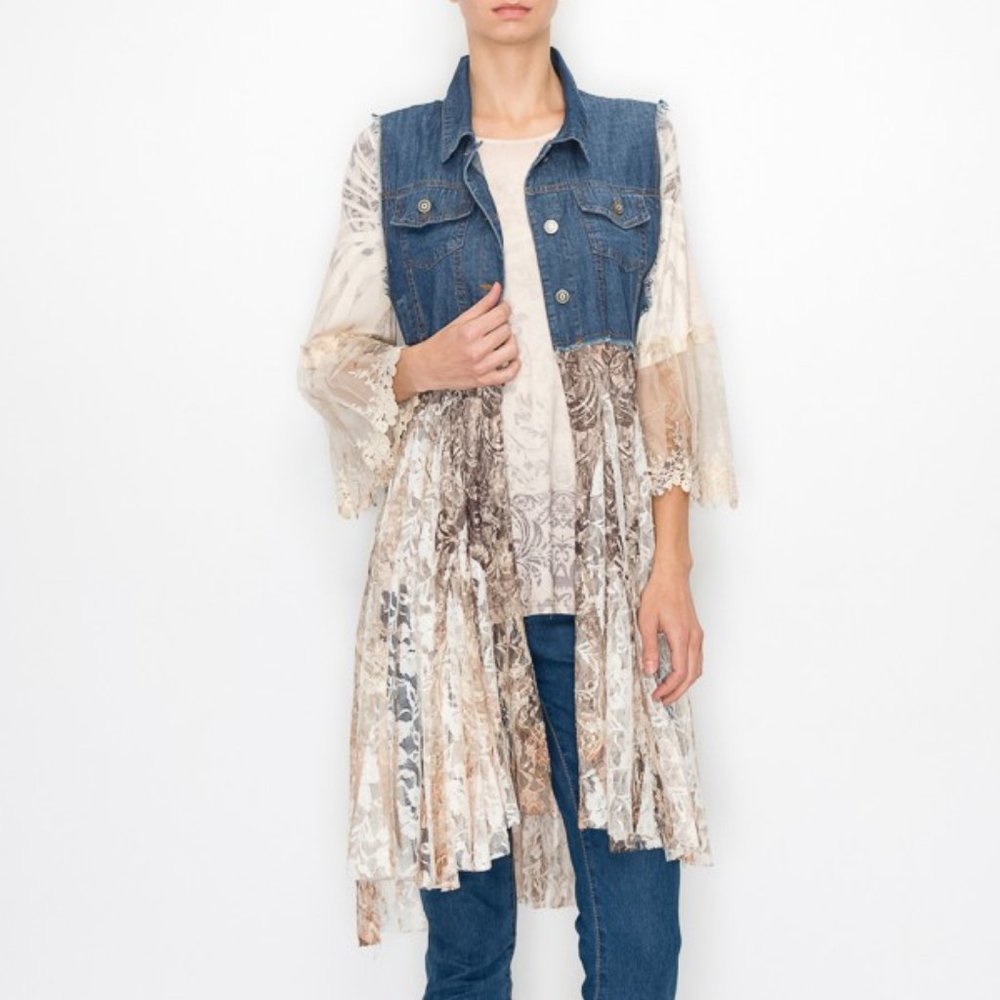 new ORIGAMI VINTAGE DENIM & LACE CARDIGAN VEST bohemian western hippie SM-3X